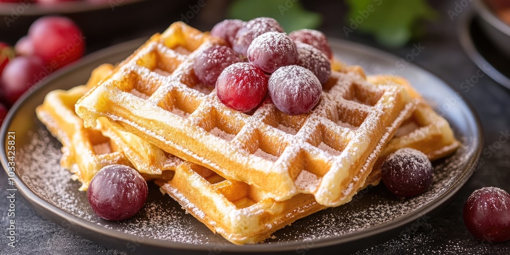Poster breakfast image featuring homemade waffles and grapes.