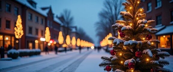A Christmas tree glows on a snowy street in a quaint village, with festive lights on buildings lining the street, creating a serene and cozy holiday evening scene.