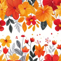 Horizontal Seamless Pattern with Red, Gray, and Orange Leaves, Thin Branches, Autumn Texture on White Background