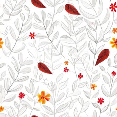 Light Seamless Pattern with Thin Branches, Burgundy and Yellow Leaves, Red Flowers, Autumn Texture on White Background