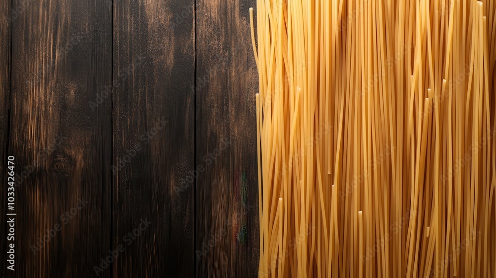 Wall mural A visually striking image of long, straight uncooked spaghetti standing upright against a dark wooden backdrop, highlighting its texture and culinary appeal.