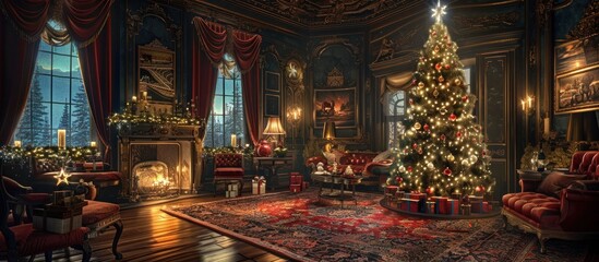 Luxurious Christmas living room interior with a large ornate fireplace a beautifully decorated Christmas tree and elegant furnishings creating a warm inviting and festive atmosphere