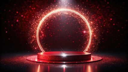 Elegant Red Glitter Podium Stage with Light Ring for Product Showcase and Night Photography, Perfect for Events, Awards, and Presentations, Eye-Catching Display for Branding