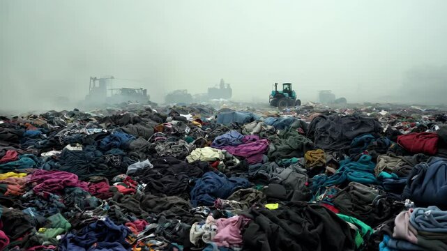 Massive landfill covered with discarded clothing near urban area highlights waste management challenges in 2023