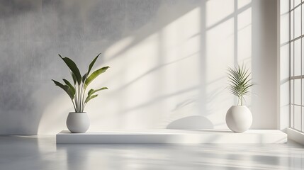 91. "A bright 3D render studio with clean lines and a minimalist aesthetic, showcasing an empty white platform for product display