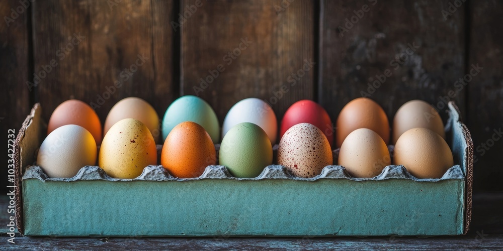 Aufkleber a box filled with vibrant eggs on a rustic backdrop.