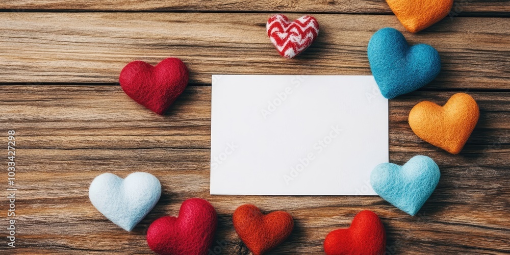 Poster handmade felt colorful hearts and white paper on a wooden background with copy space. a crafting ele