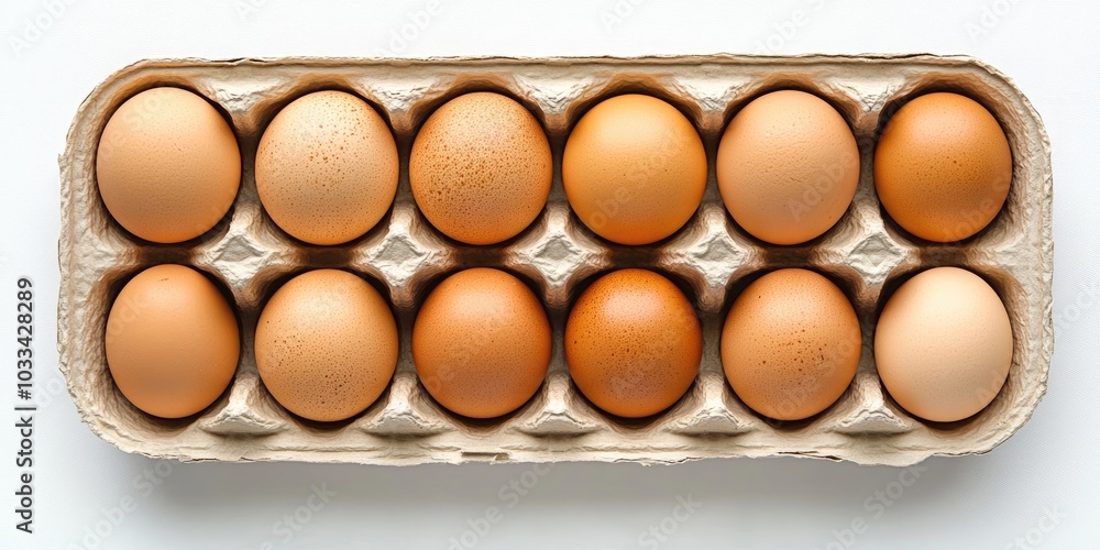 Aufkleber close-up of chicken eggs in a paper egg tray on a white background.