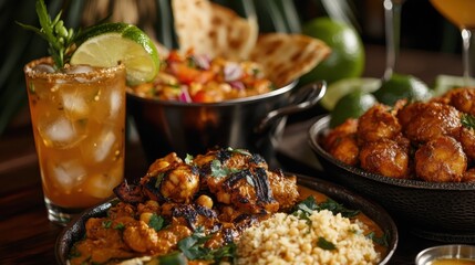 A table set with an exotic assortment of grilled dishes including chickpeas and tropical beverages with lime, depicting a rich culinary cultural experience.