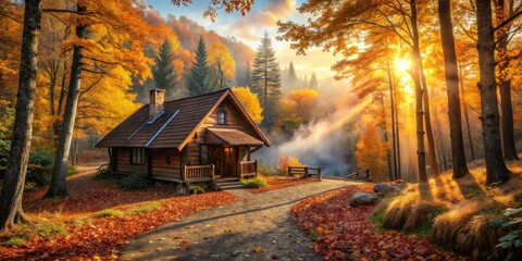 Enchanted Forest Cottage in Autumn Glow Magical Fall Landscape, Cozy Woodland Home, Vibrant Colors, Nature Escape, Tranquil Retreat, Scenic Getaway
