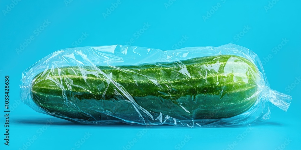 Poster cucumber enclosed in plastic on a blue backdrop.