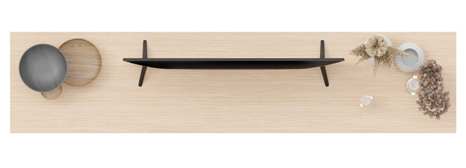 Wooden TV sideboard, on transparent background. Cut out furniture. Contemporary, minimalistic style. Top view, floor plan element. Modern home aesthetic. 3D render.