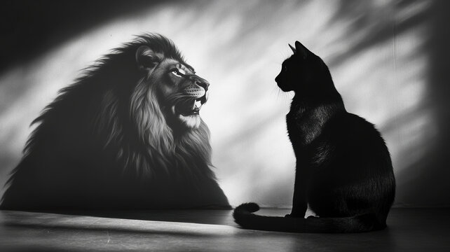 A black cat sits in a dimly lit room, its shadow on the wall revealing the powerful image of a lion, representing the inner strength and spirit of the small feline.