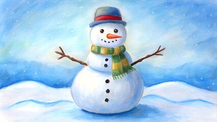 Playful hand-painted snowman wearing a blue hat and striped scarf, set against a snowy winter background