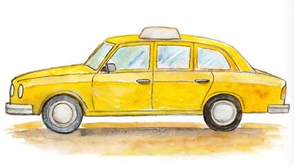 Obraz premium Side view watercolor drawing of a yellow taxi cab with a white roof