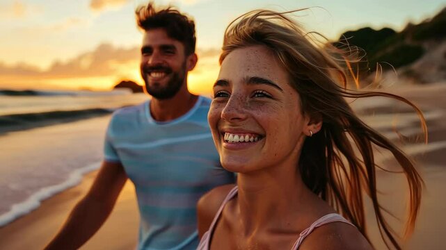 Joyful couple enjoying a sunset walk on the beach, capturing moments of happiness along the shore