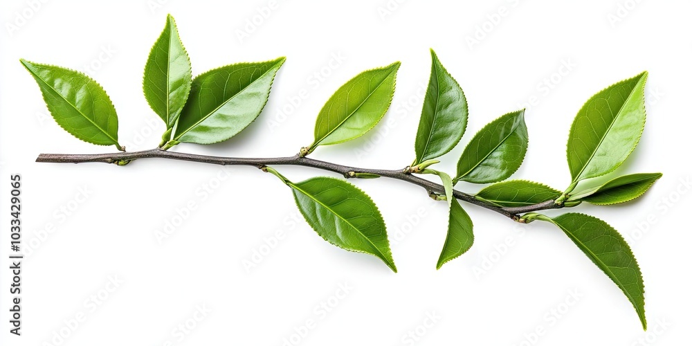 Poster close-up view of a leafy branch with fresh green tea leaves isolated on a white background. these we