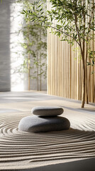Zen Garden at Dawn with Raked Sand and Sparse Greenery  