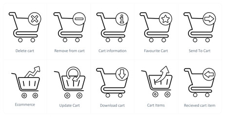 A set of 10 cart icons as delete cart, remove from cart, cart information