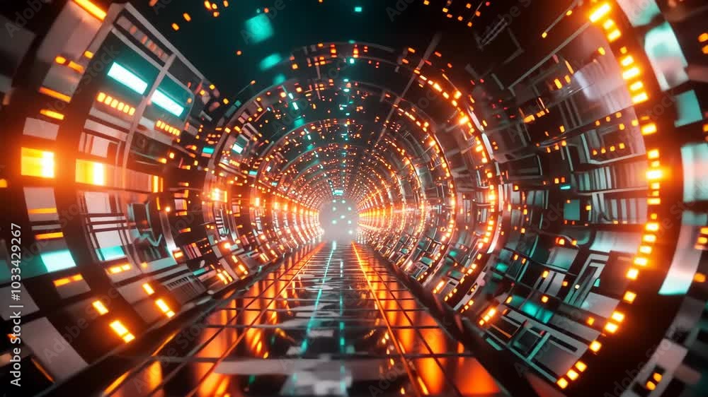 Poster exploring a futuristic tunnel filled with vibrant lights and digital patterns at night