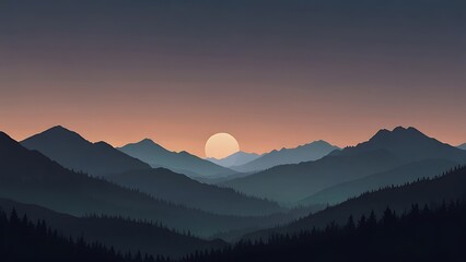 Fototapeta premium Simple and clean mountain range silhouettes with soft gradients transitioning from dusk to dawn colors, creating a peaceful, minimalist landscape.