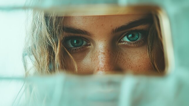 Captivating close-up of mysterious eyes looking through a small gap, emphasizing intense gaze and curiosity, with freckles adding to the allure of the scene.
