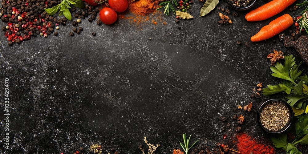 Poster Different spices and herbs are arranged on a stone table. Top view with space for your text.