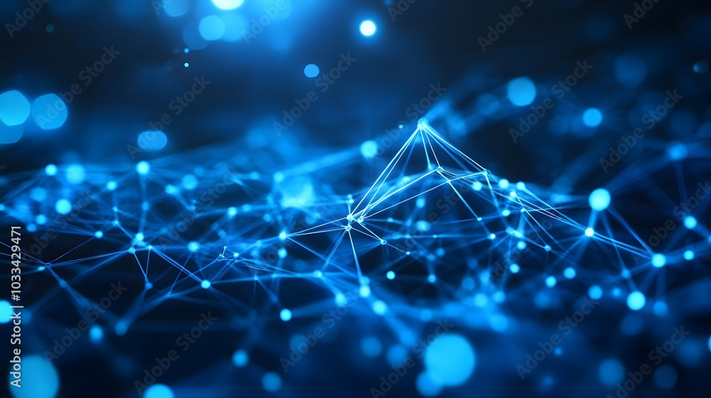 Poster abstract blue network of interconnected points with bokeh lights