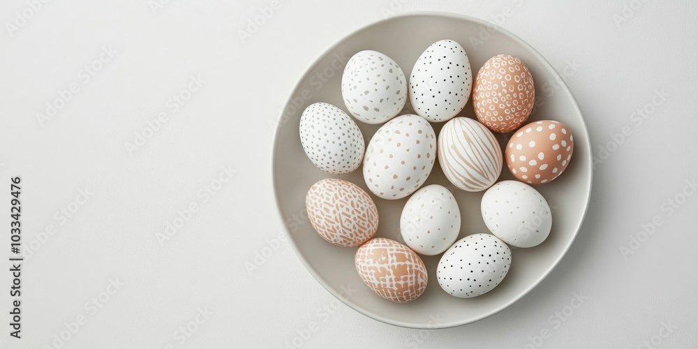 Aufkleber top view of a plate with eggs decorated in various white patterns for easter. white background, copy