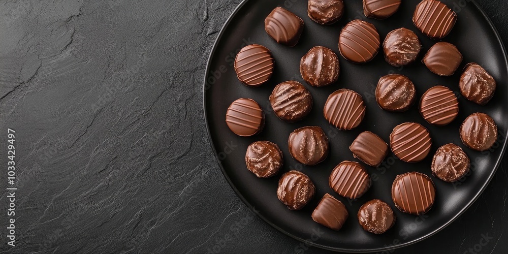 Poster chocolate candies on a plate against a black background with copy space. flat lay, top view.