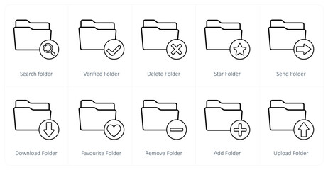 A set of 10 folder icons as search folder, verified folder, delete folder
