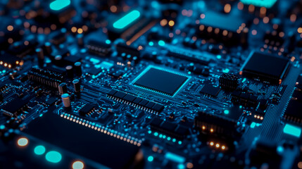 Fototapeta premium A circuit board with blue and teal chips, showcasing the advanced technology behind computer hardware.