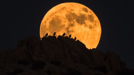 A large orange moon rises over a rocky mountain peak, silhouetting a group of birds.