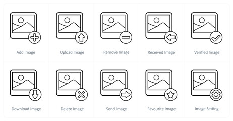 A set of 10 image icons as add image, upload image, remove image