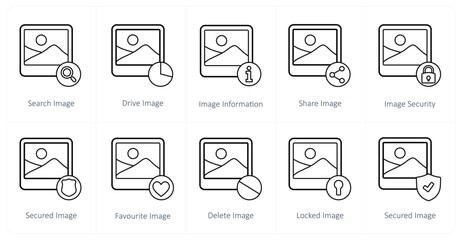 A set of 10 image icons as search image, drive image, image information