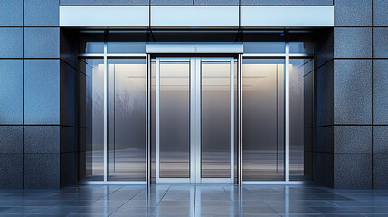 A modern double-door entrance of an office building with a glass and stainless steel frame