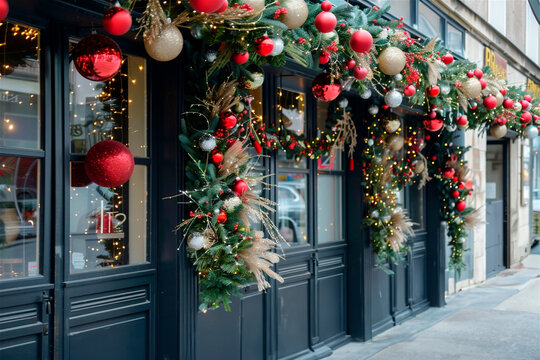 AI-generated photo with Christmas street outdoor decoration. On a winter city background - Powered by Adobe