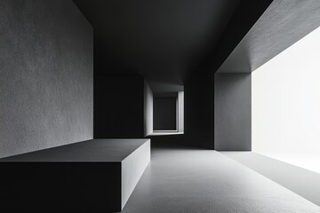 A minimalist black and white 3D rendering of a modern, abstract interior with a large window and a...