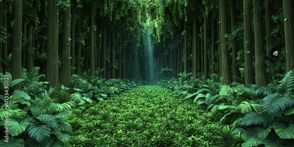 Poster lush green forest path with sunlight streaming through trees