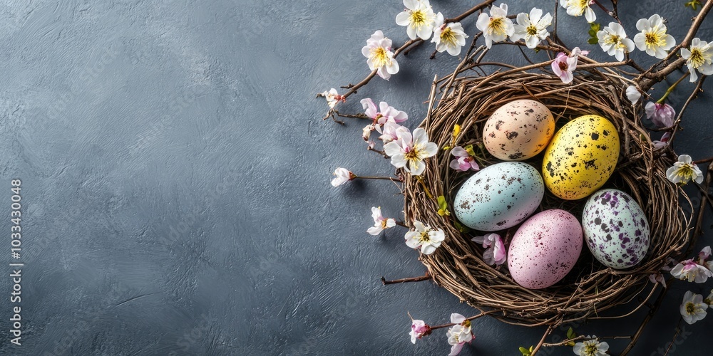 Poster easter eggs in a nest on a grey background. easter backdrop featuring eggs and spring flowers. top v