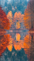 Obraz premium Serene Lake Surrounded by Vibrant Autumn Trees with Stunning Reflections