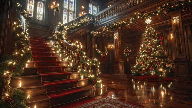 Elaborately decorated grand and opulent staircase inside a historic mansion or palace illuminated with twinkling string lights and festive Christmas ornaments and during the holiday season