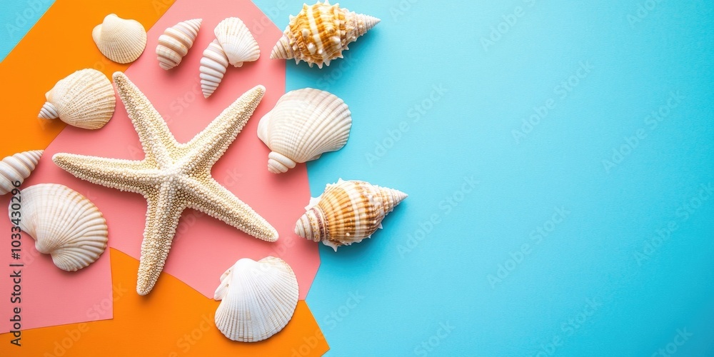 Poster summer time concept flat lay arrangement featuring lovely starfish and seashells on a colorful table