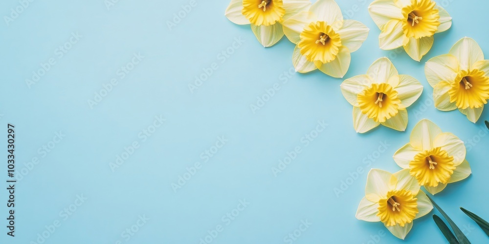 Poster yellow daffodil flowers on a pastel background from a top view. narcissus flat lay template for lett