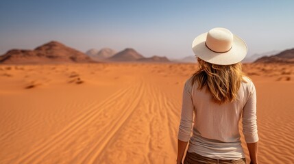 A woman stands with back to camera, looking at a vast desert landscape wearing a hat. The image conveys a sense of exploration and adventure in nature's expanse.