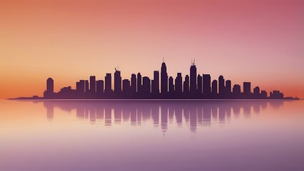 Fototapeta premium A minimalist city skyline silhouette against a soft gradient sunset, blending hues of pink, orange, and purple for a modern, peaceful urban scene.