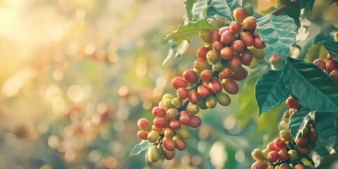 Close-up of an Arabian coffee branch in late summer, showcasing a large Coffea arabica plant thriving in a botanical garden.