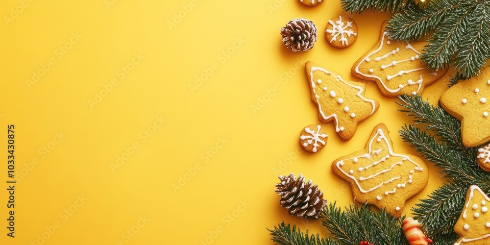 Poster christmas cookies on a yellow background with copy space. top view. flat lay. stylish colorful photo