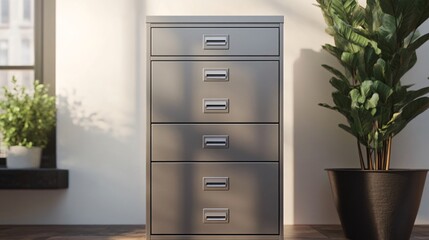 Sleek Metal File Cabinet with Labeled Drawers, 3D Rendering for Efficient Document Storage, Perfect for Office and Workspace Organization