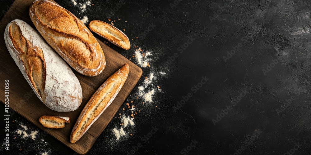 Poster loaf of white bread and baguette on a black background top view copyspace.